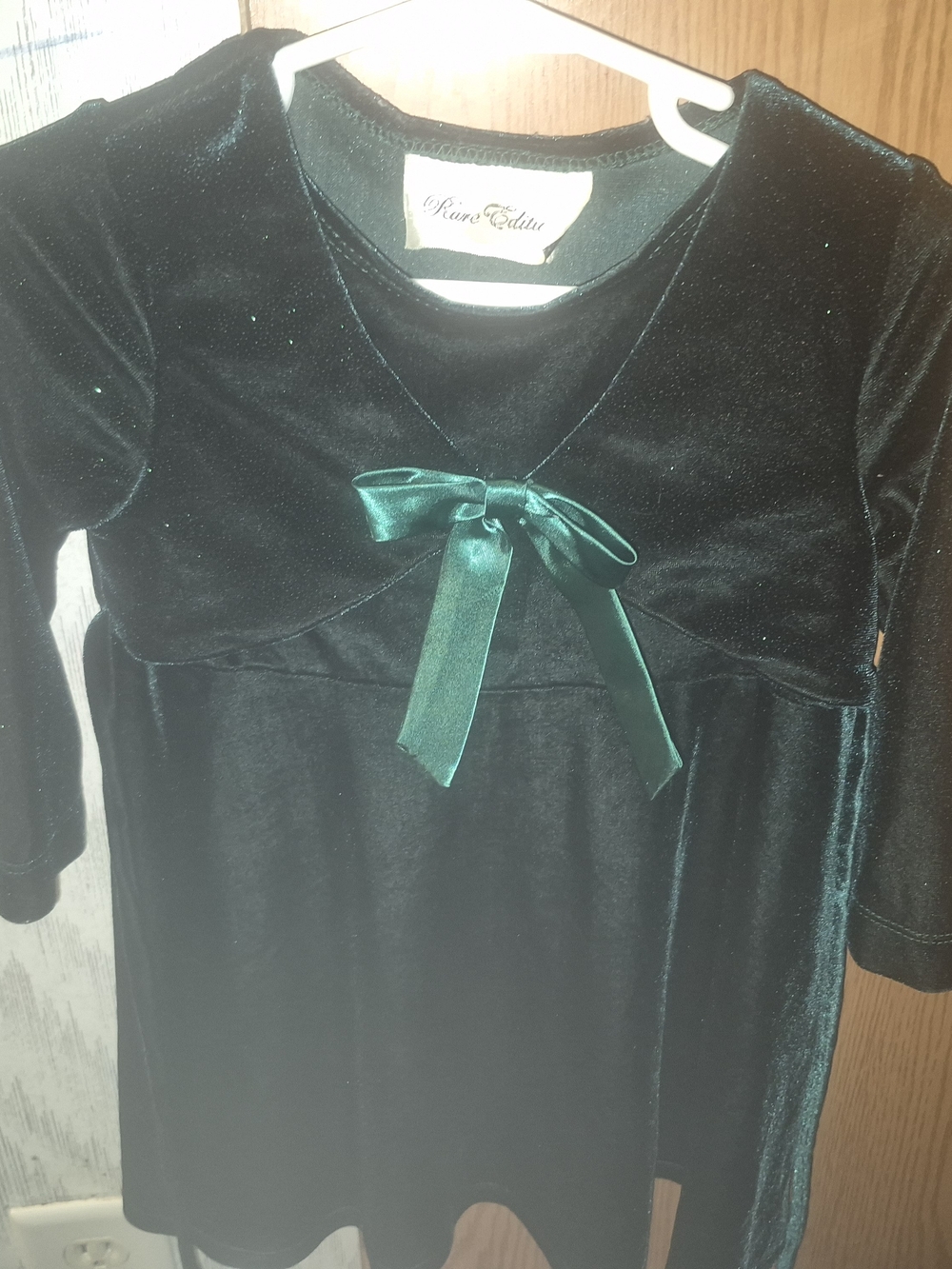 Rare Editions Dark Green Velvet Dress with Satin Bow